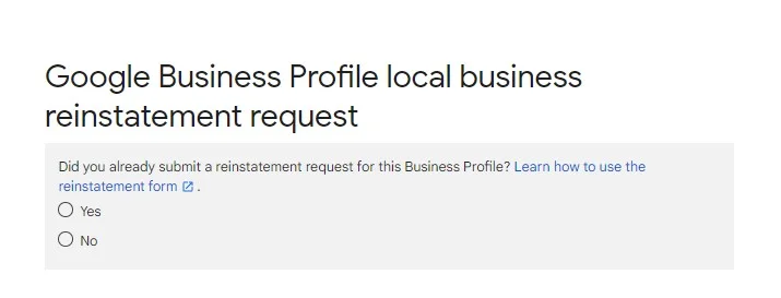 Google-my-business-profile-reinstatement-form-start-question